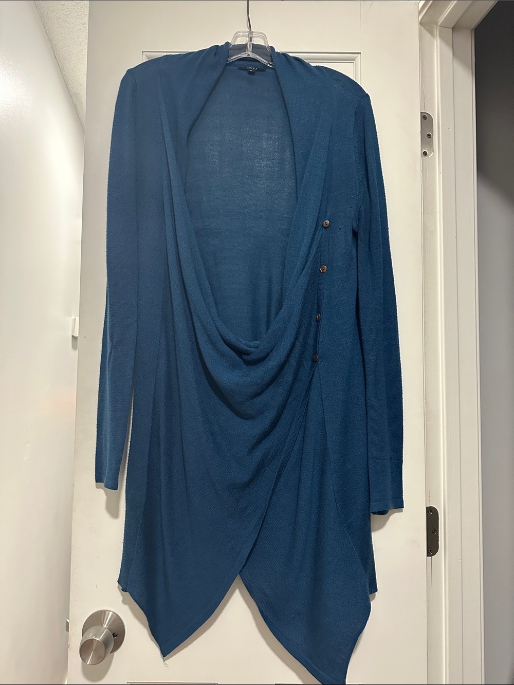 Very J Teal Draped Open-Front Cardigan with Side Buttons